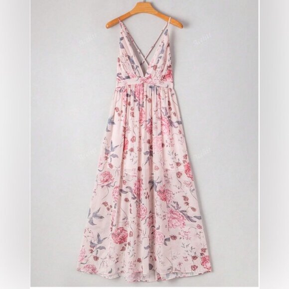 Floral Deep V-Neck Sleeveless High Waist Pleated Backless Spaghetti Strap Dress - Picture 5 of 8